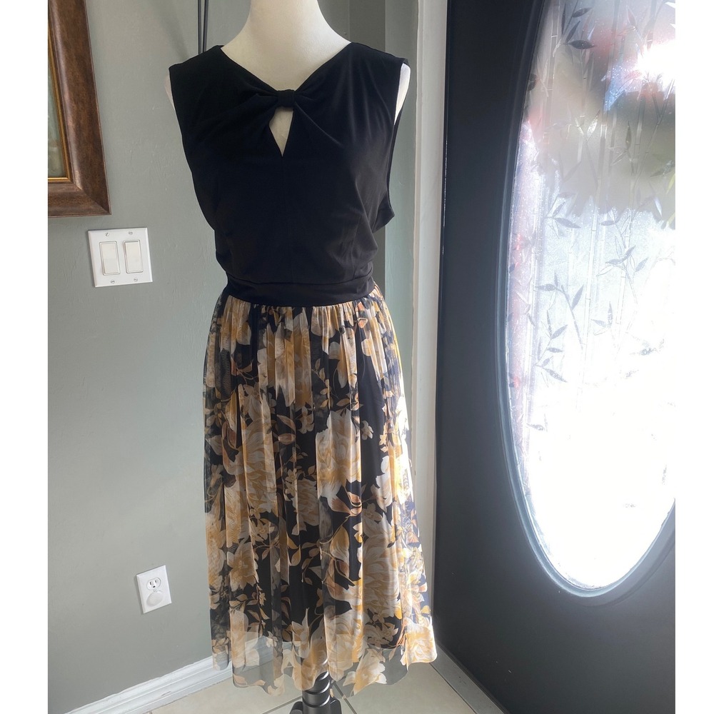 Candalite Floral Mesh Midi Dress Black Gold Sleeveless Bow Keyhole XL D87443